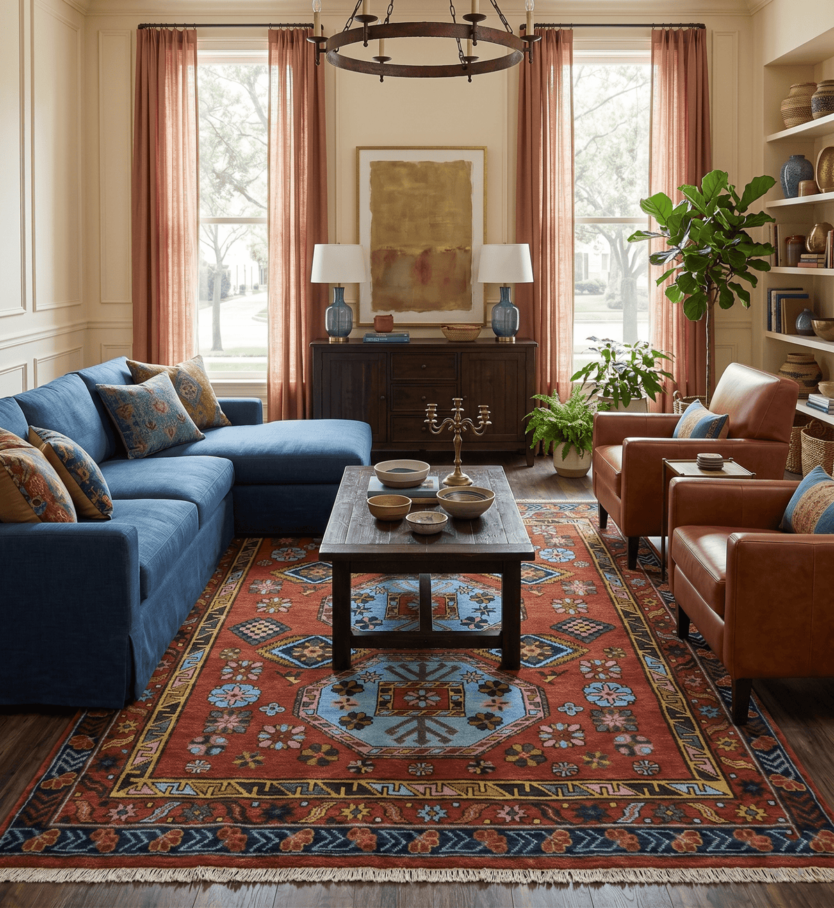Hand Knotted Maroon and Blue Traditional Antique look Multi Size Wool Area Rug.