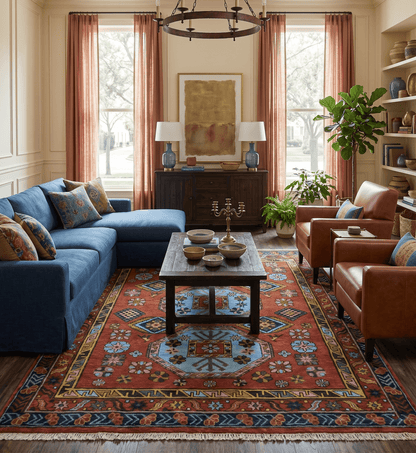 Hand Knotted Maroon and Blue Traditional Antique look Multi Size Wool Area Rug.