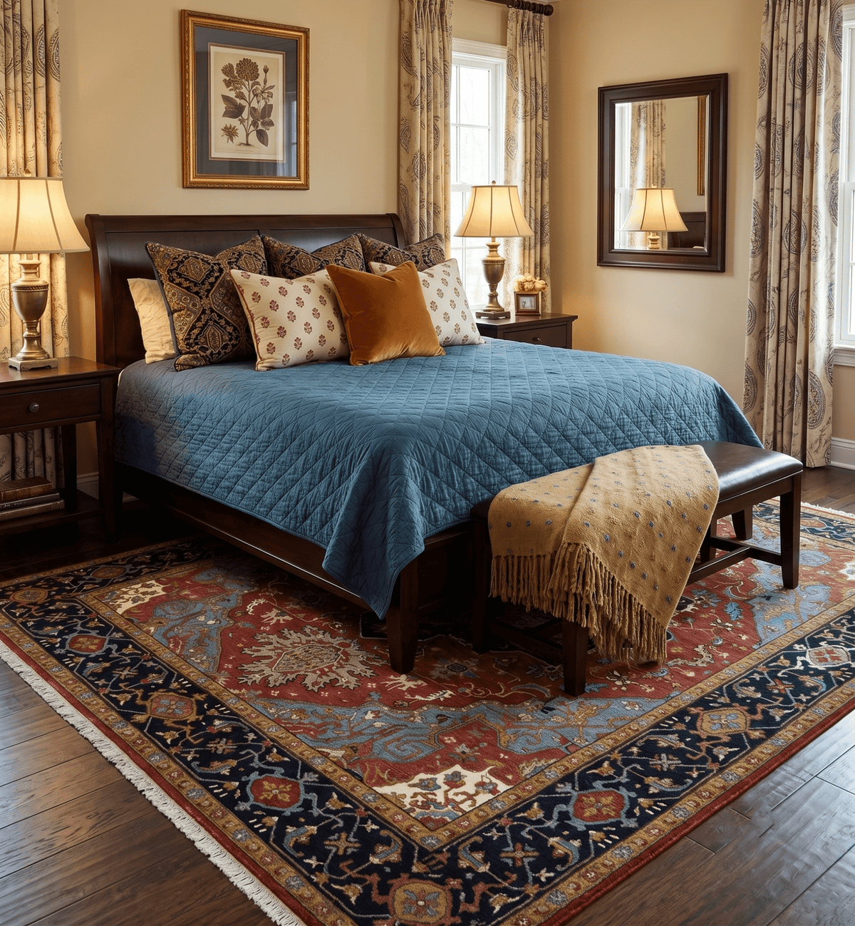 Hand Knotted Maroon And Blue Traditional Heriz Custom Made Wool Area Rug.