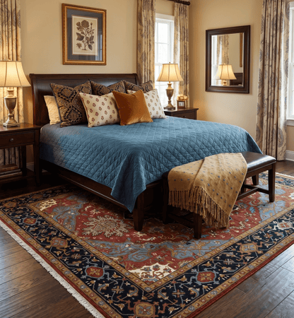 Hand Knotted Maroon And Blue Traditional Heriz Custom Made Wool Area Rug.