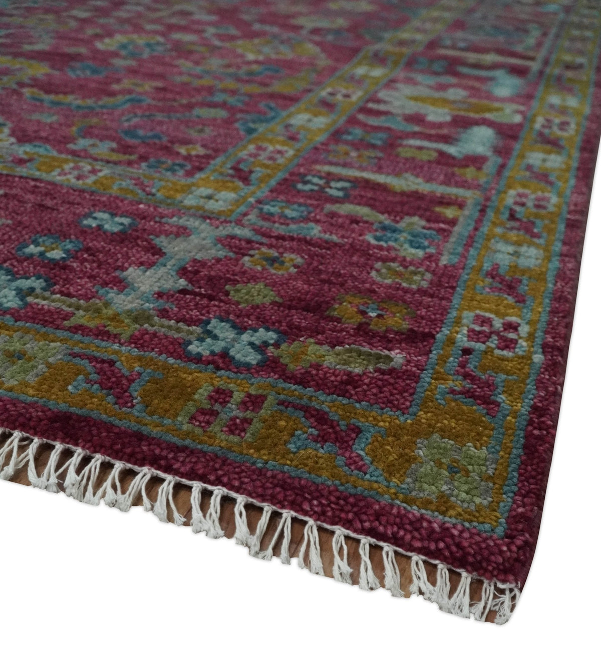 Hand Knotted Maroon and Gold Traditional Antique Style Wool Area Rug.