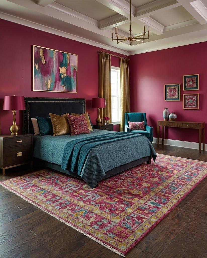 Hand Knotted Maroon and Gold Traditional Antique Style Wool Area Rug.