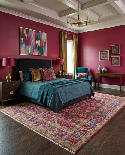 Hand Knotted Maroon and Gold Traditional Antique Style Wool Area Rug.