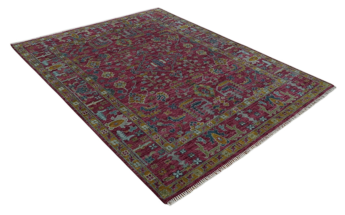 Hand Knotted Maroon and Gold Traditional Antique Style Wool Area Rug.