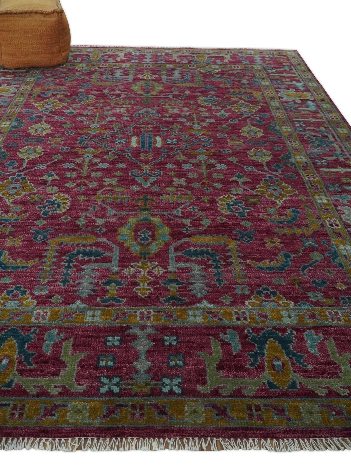 Hand Knotted Maroon and Gold Traditional Antique Style Wool Area Rug.
