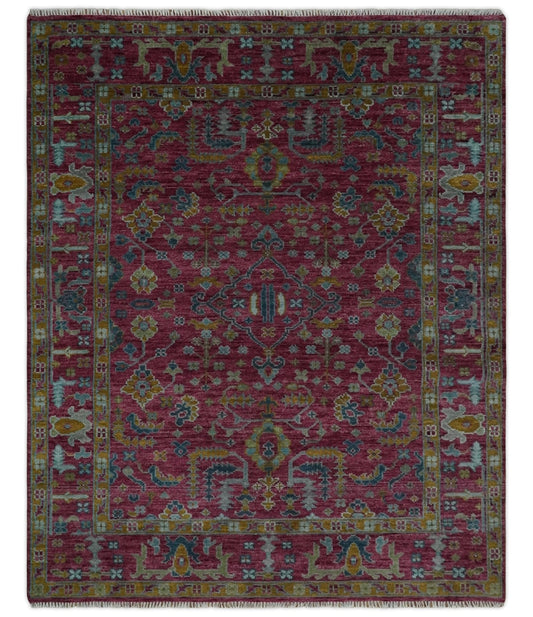 Hand Knotted Maroon and Gold Traditional Antique Style Wool Area Rug.