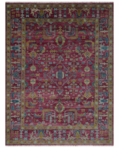 Hand Knotted Maroon and Gold Traditional Antique Style Wool Area Rug.