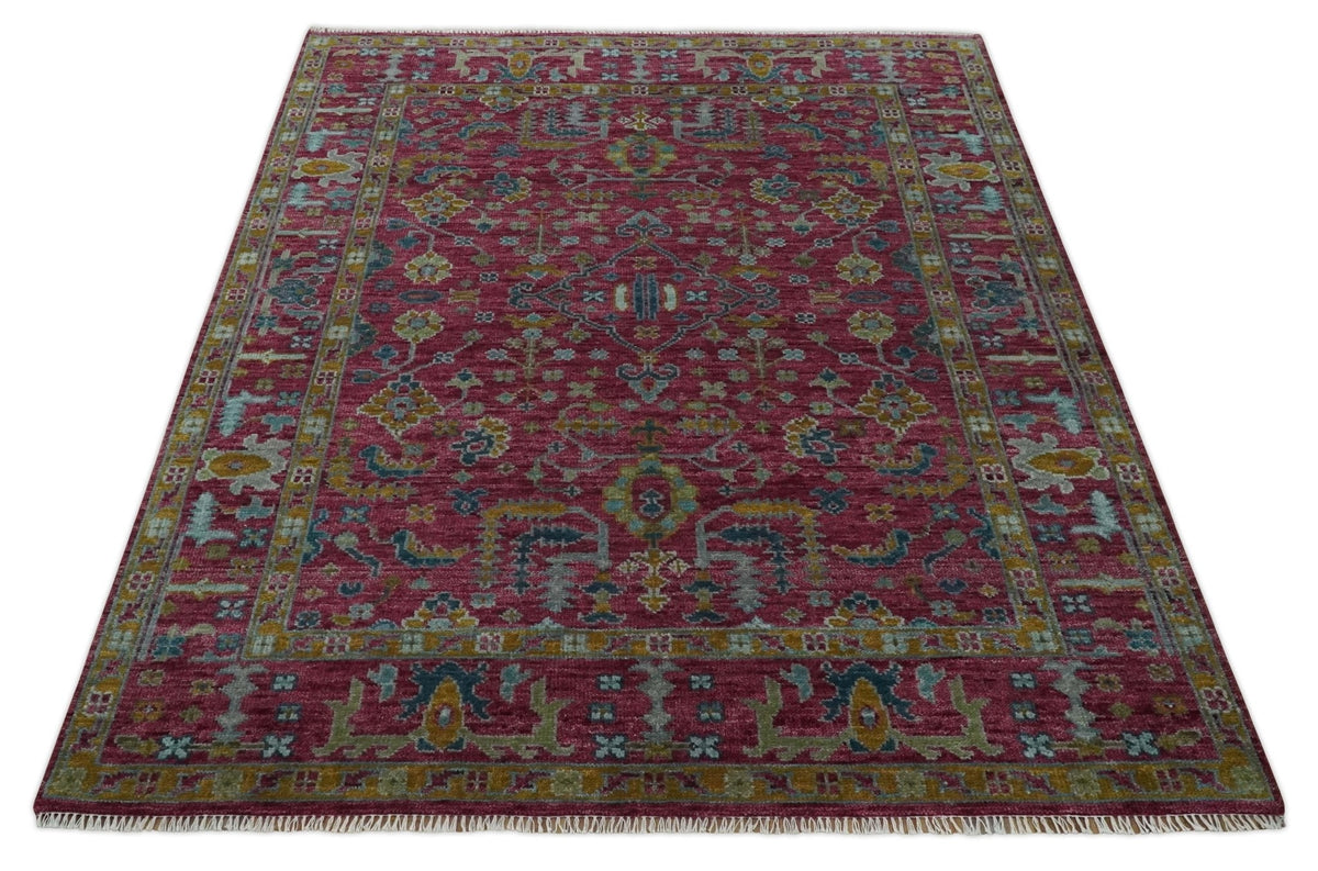 Hand Knotted Maroon and Gold Traditional Antique Style Wool Area Rug.