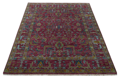 Hand Knotted Maroon and Gold Traditional Antique Style Wool Area Rug.