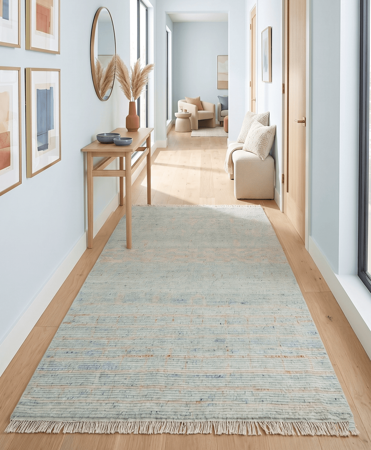 Hand Knotted Modern Abstract Blue and Peach Trellis Moroccan Blended Wool Area Rug.