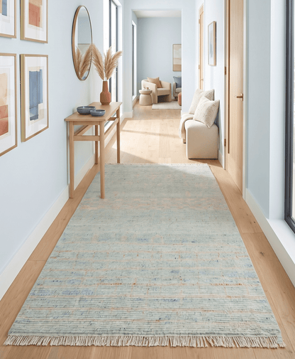 Hand Knotted Modern Abstract Blue and Peach Trellis Moroccan Blended Wool Area Rug.