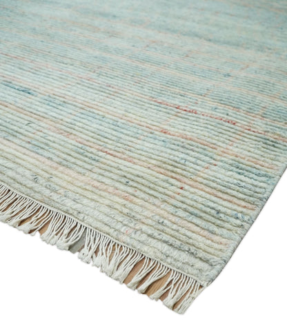 Hand Knotted Modern Abstract Blue and Peach Trellis Moroccan Blended Wool Area Rug.