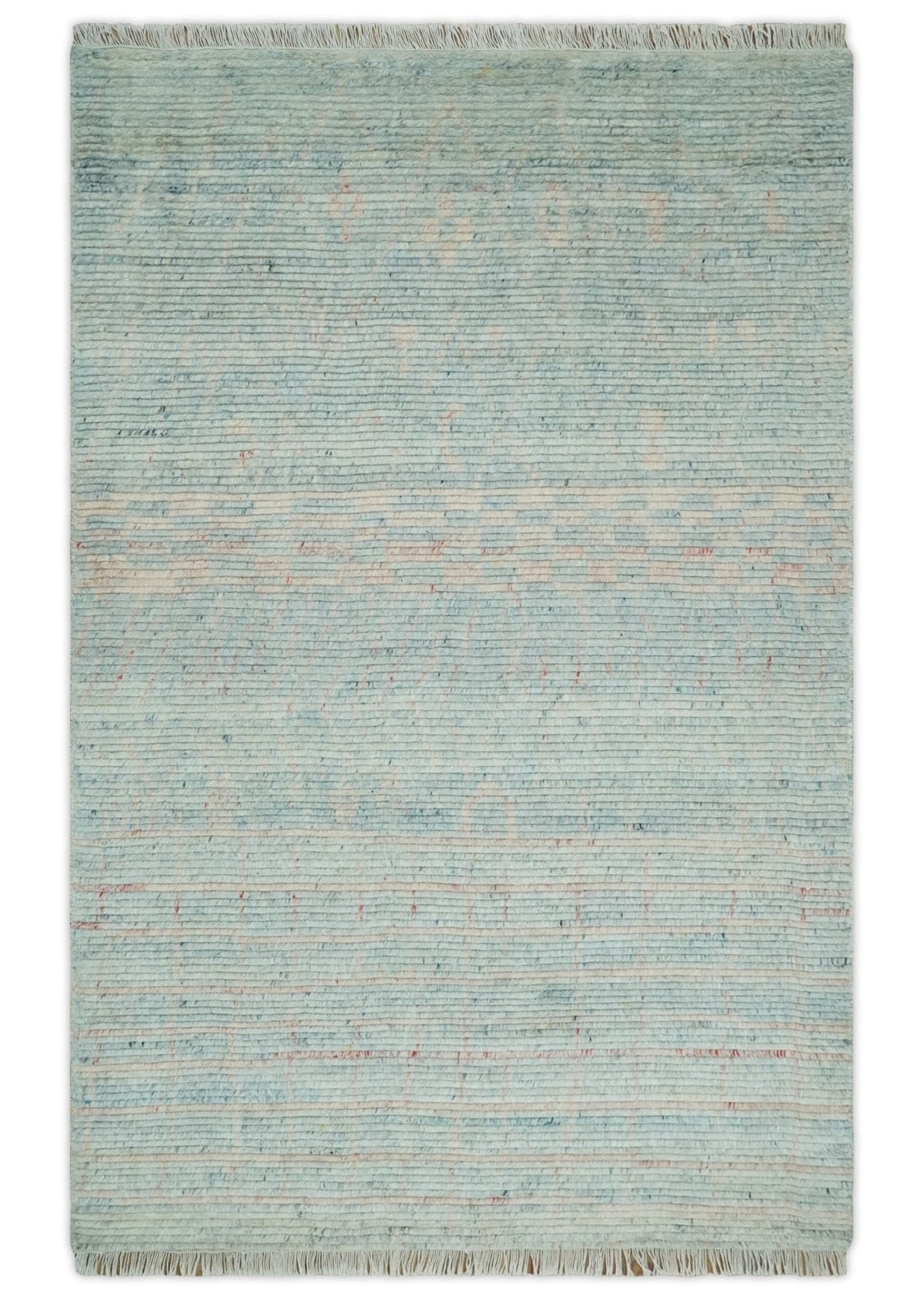 Hand Knotted Modern Abstract Blue and Peach Trellis Moroccan Blended Wool Area Rug.