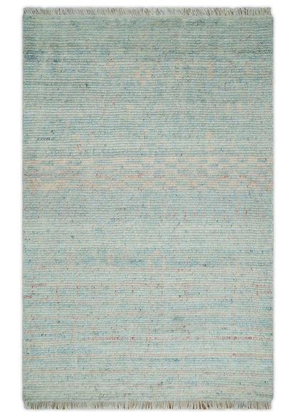 Hand Knotted Modern Abstract Blue and Peach Trellis Moroccan Blended Wool Area Rug.