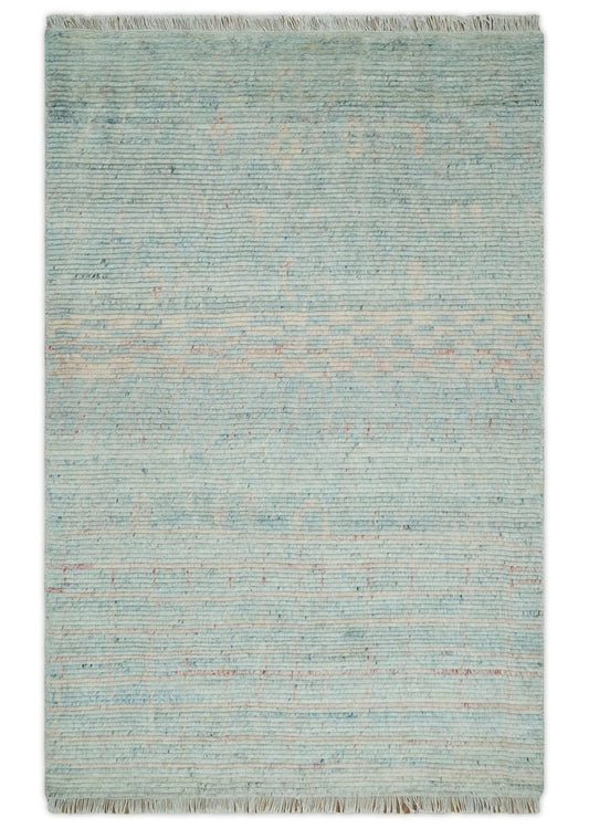 Hand Knotted Modern Abstract Blue and Peach Trellis Moroccan Blended Wool Area Rug.