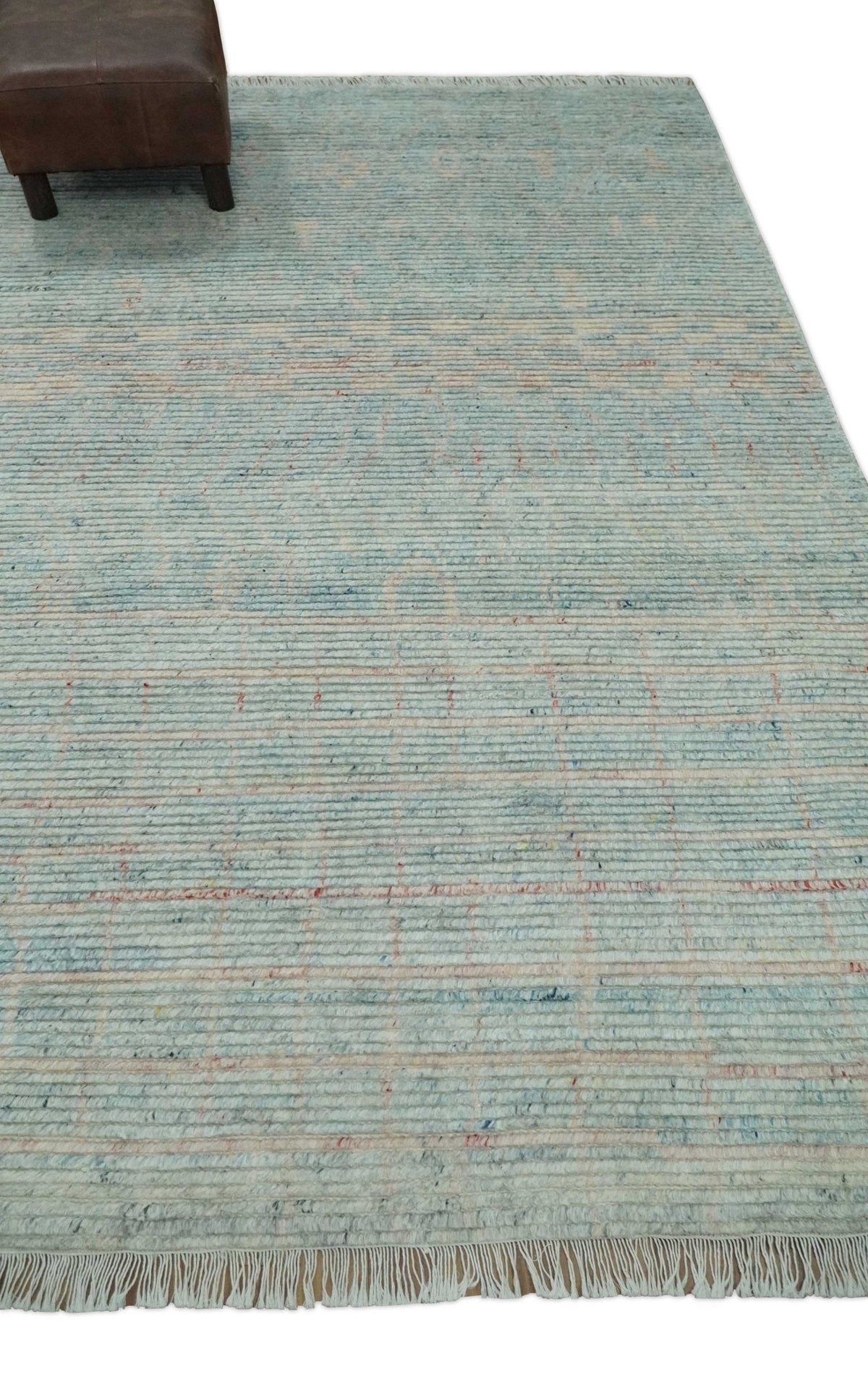 Hand Knotted Modern Abstract Blue and Peach Trellis Moroccan Blended Wool Area Rug.