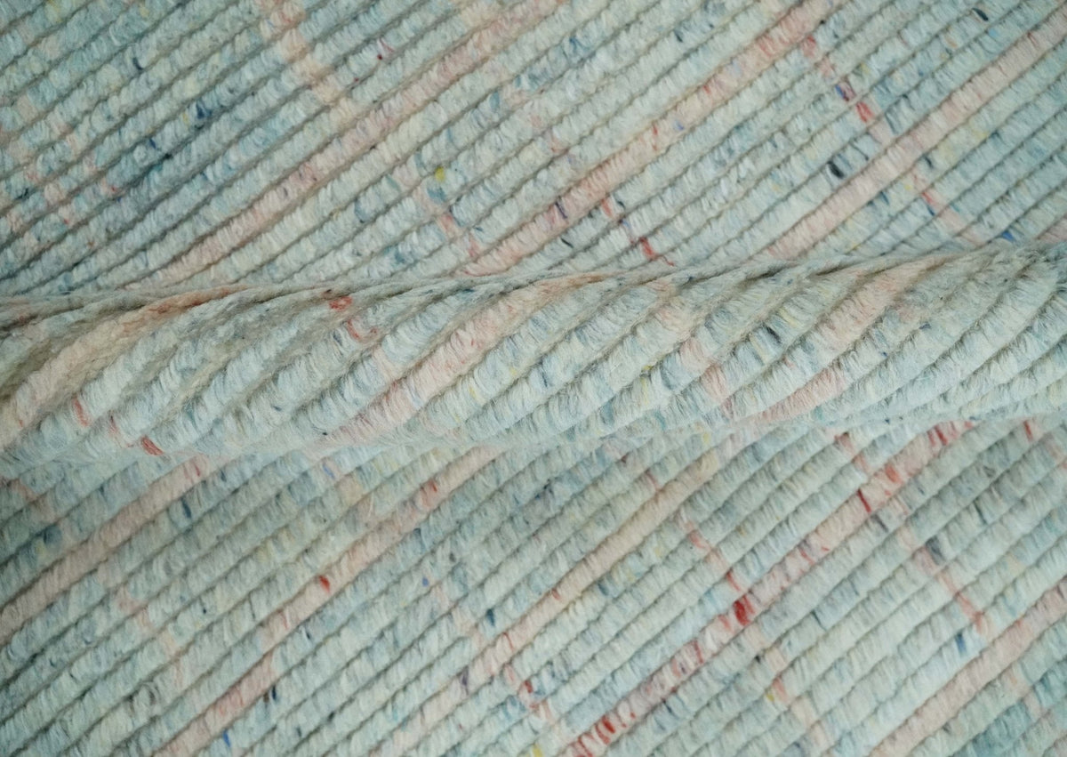 Hand Knotted Modern Abstract Blue and Peach Trellis Moroccan Blended Wool Area Rug.