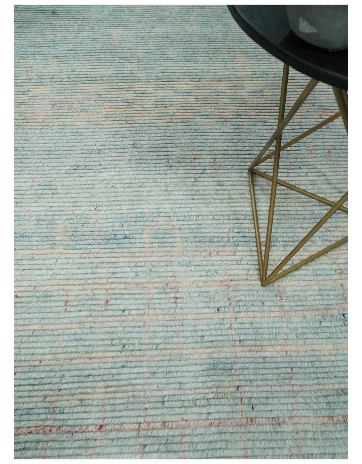 Hand Knotted Modern Abstract Blue and Peach Trellis Moroccan Blended Wool Area Rug.