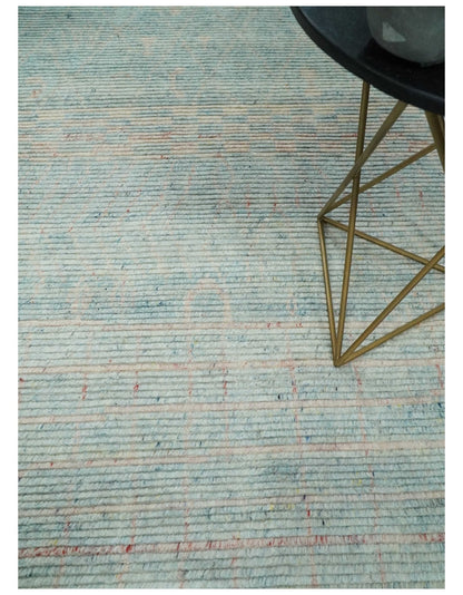Hand Knotted Modern Abstract Blue and Peach Trellis Moroccan Blended Wool Area Rug.