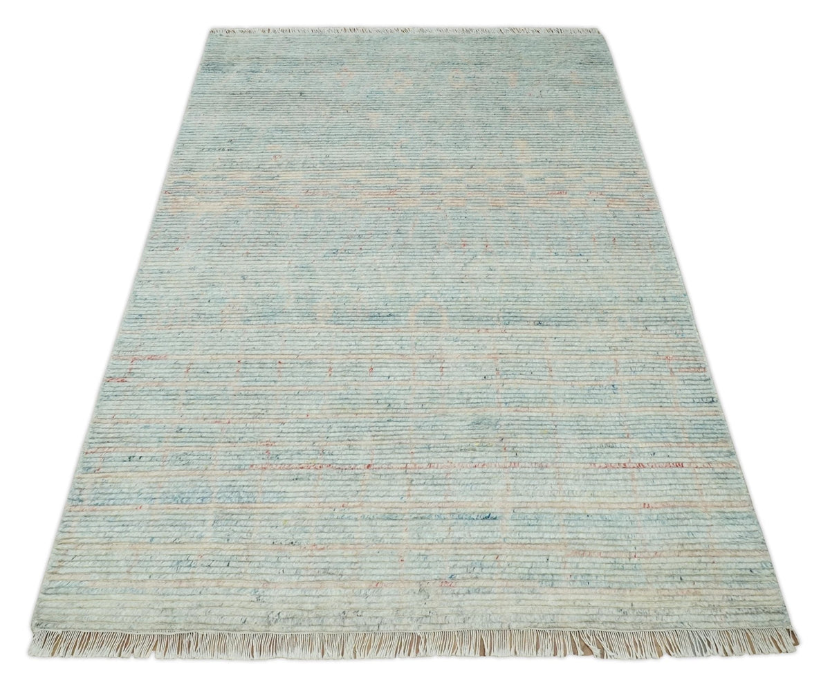 Hand Knotted Modern Abstract Blue and Peach Trellis Moroccan Blended Wool Area Rug.
