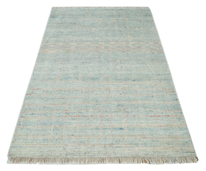Hand Knotted Modern Abstract Blue and Peach Trellis Moroccan Blended Wool Area Rug.