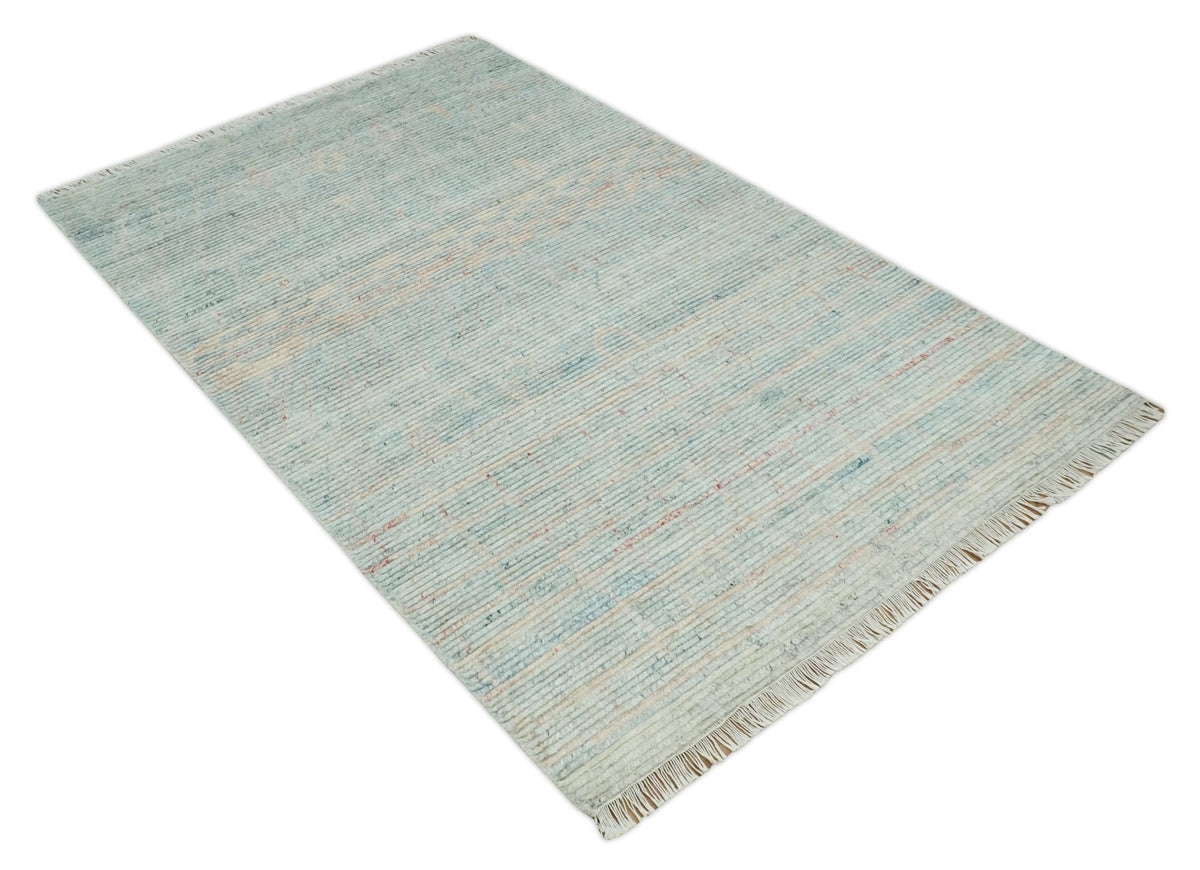 Hand Knotted Modern Abstract Blue and Peach Trellis Moroccan Blended Wool Area Rug.