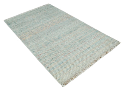 Hand Knotted Modern Abstract Blue and Peach Trellis Moroccan Blended Wool Area Rug.