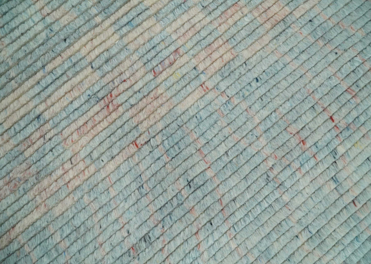 Hand Knotted Modern Abstract Blue and Peach Trellis Moroccan Blended Wool Area Rug.