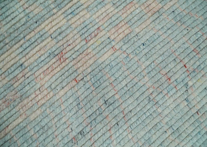 Hand Knotted Modern Abstract Blue and Peach Trellis Moroccan Blended Wool Area Rug.