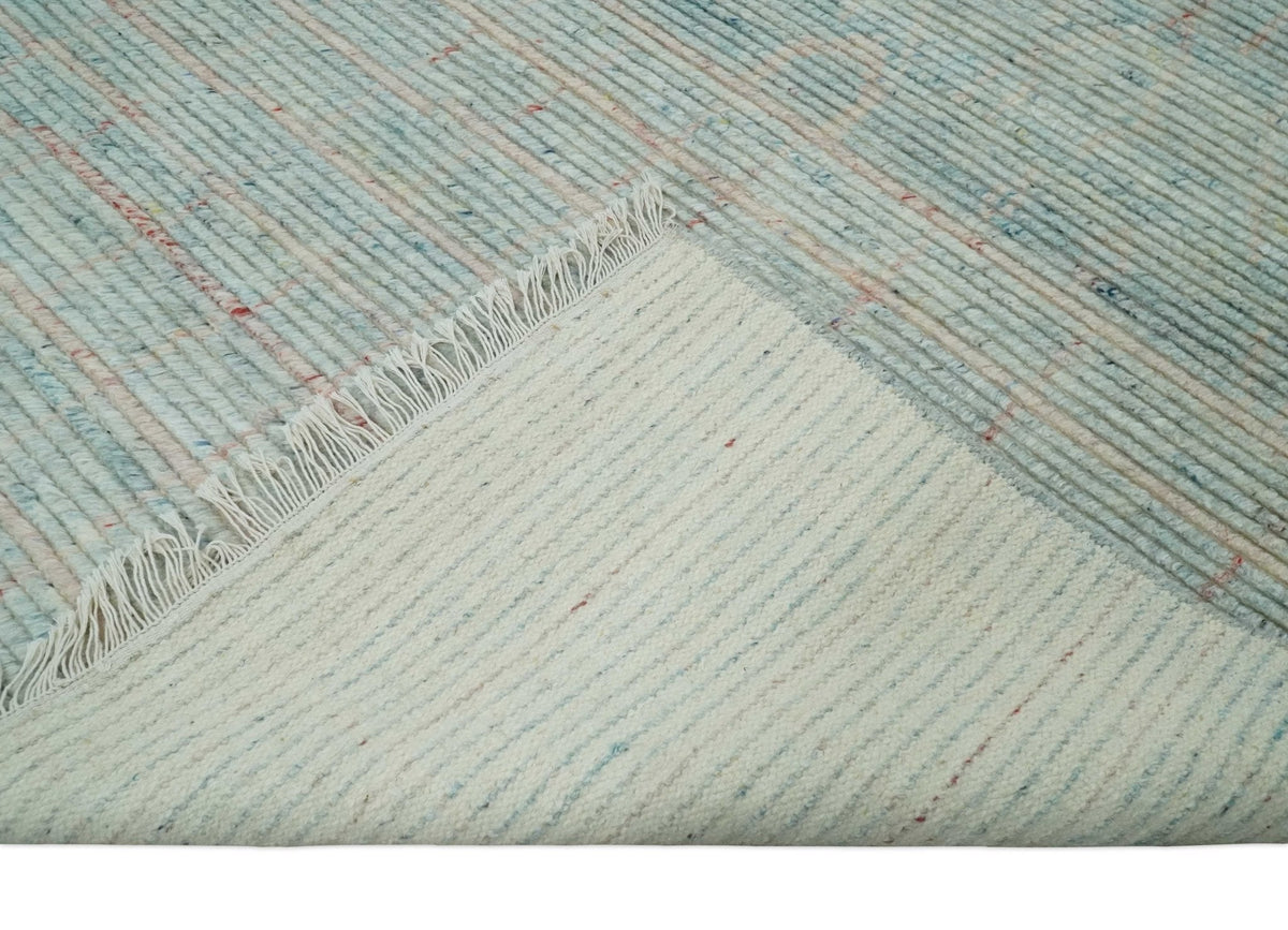 Hand Knotted Modern Abstract Blue and Peach Trellis Moroccan Blended Wool Area Rug.
