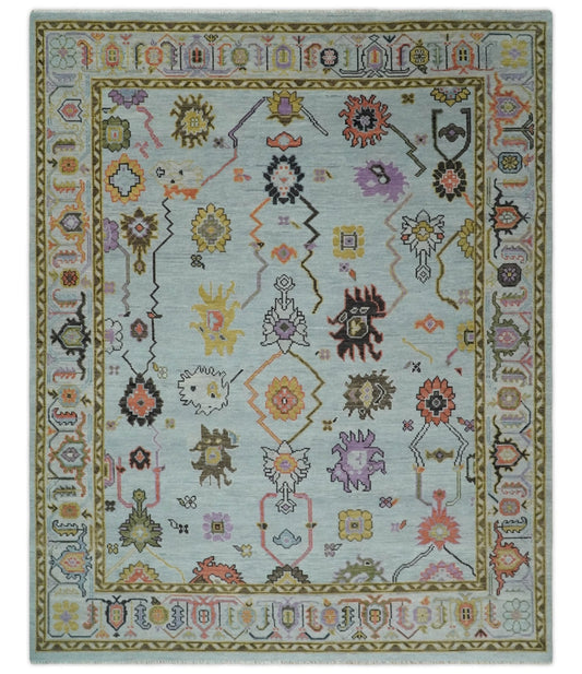 Hand Knotted Multi Size Silver and Olive Traditional Vintage Style colorful Oushak Wool Rug.