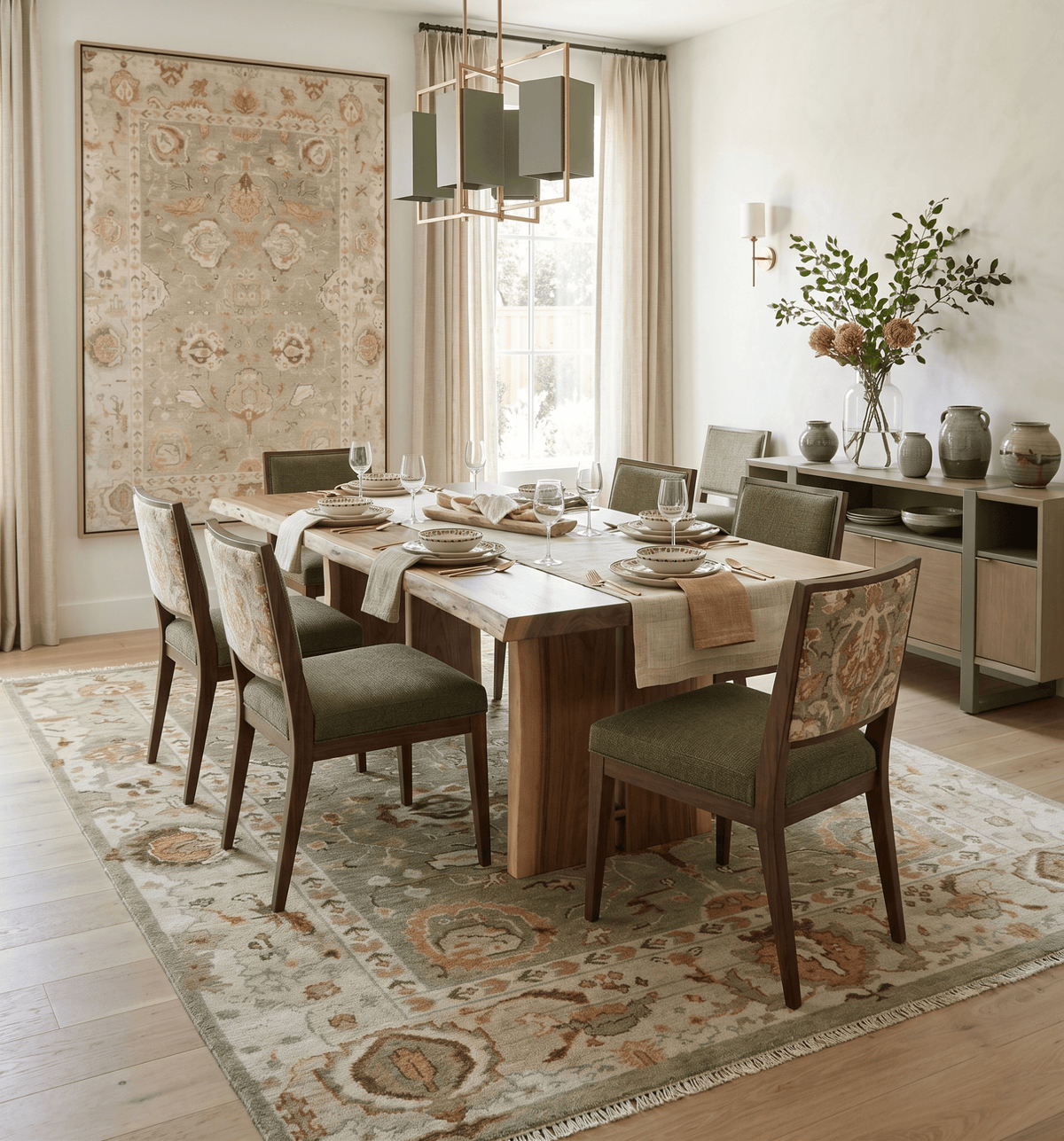 Hand Knotted Olive and Ivory Traditional Oushak Wool Rug.