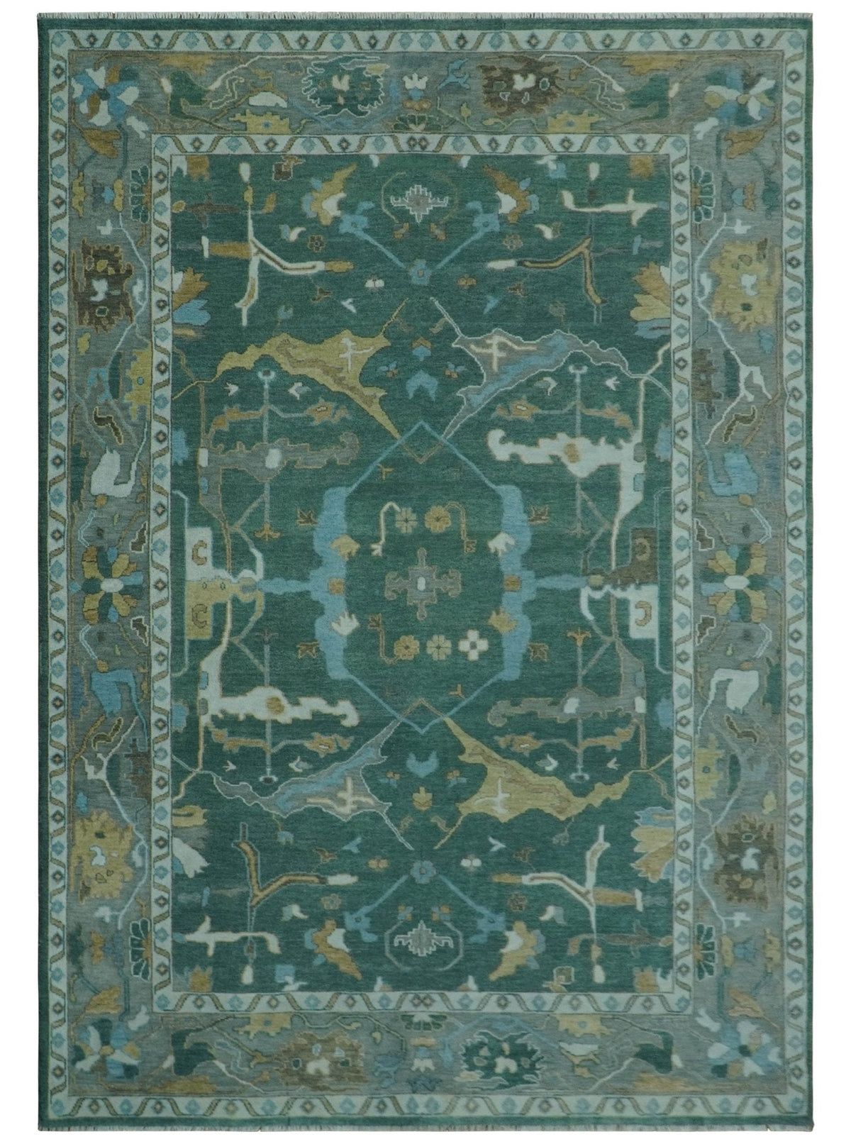 Hand Knotted Oriental Oushak Green and Gray Multi Size Wool Area Rug.