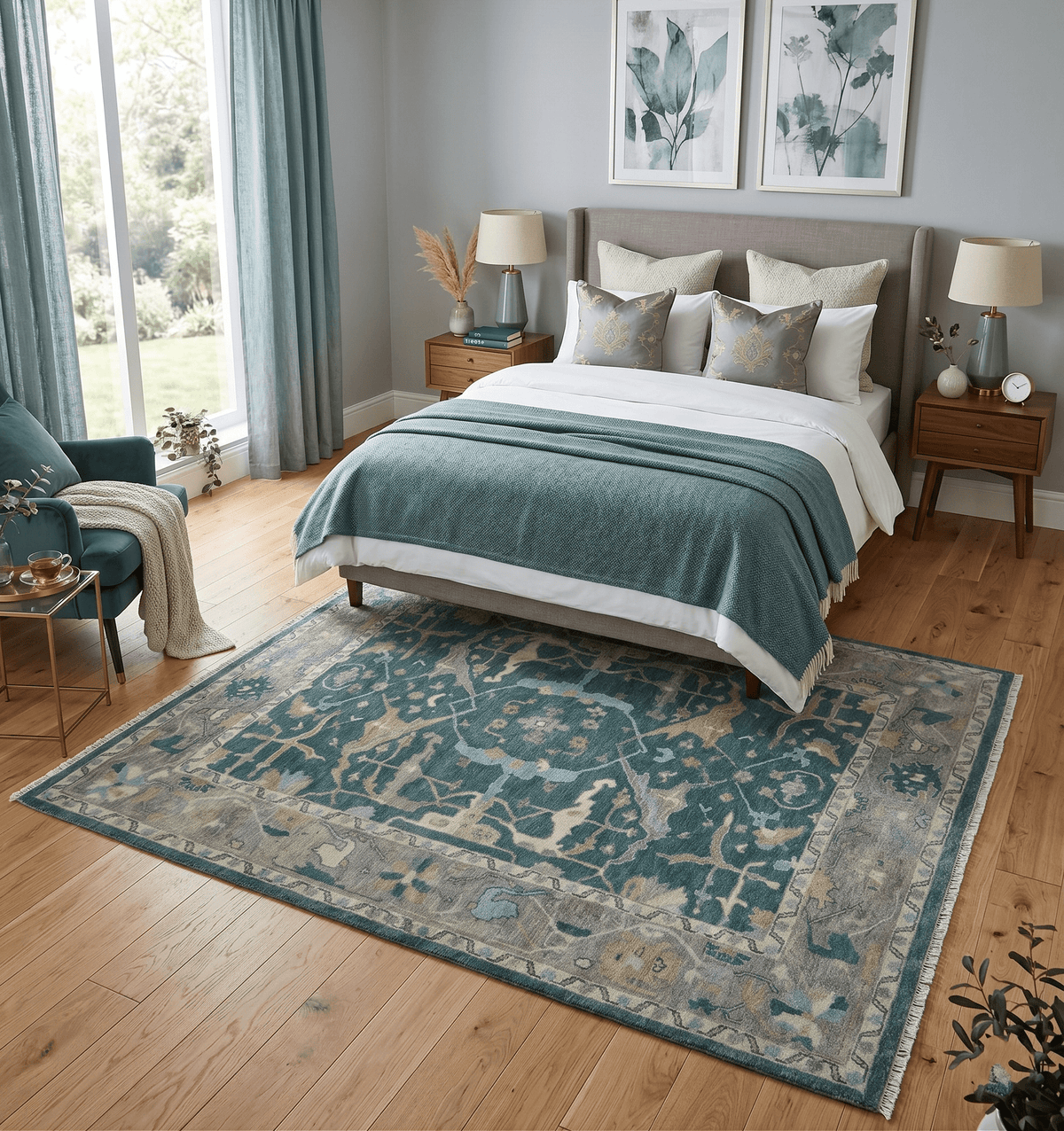 Hand Knotted Oriental Oushak Teal and Beige Multi Size Wool Area Rug.
