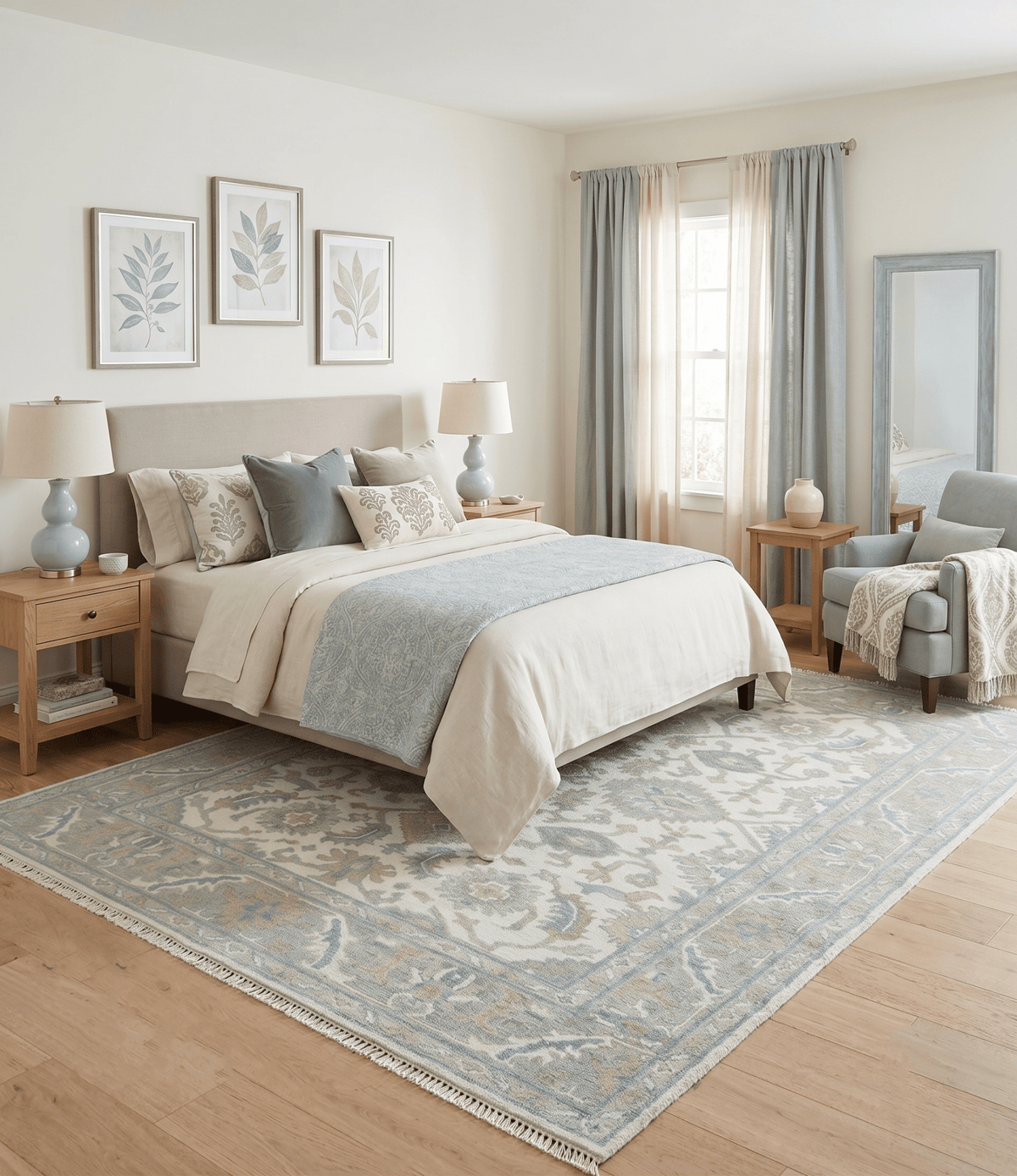 Hand Knotted Oriental Oushak Teal, Ivory and Beige Custom Made Wool Area Rug.