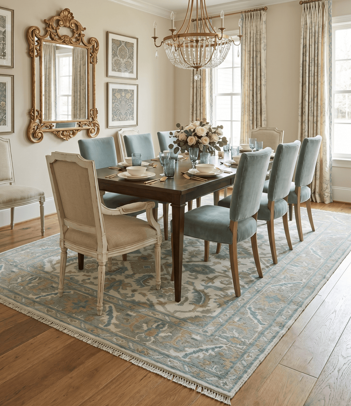 Hand Knotted Oriental Oushak Teal, Ivory and Beige Custom Made Wool Area Rug.