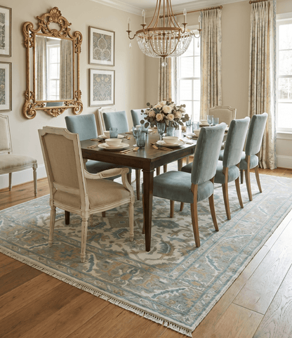 Hand Knotted Oriental Oushak Teal, Ivory and Beige Custom Made Wool Area Rug.