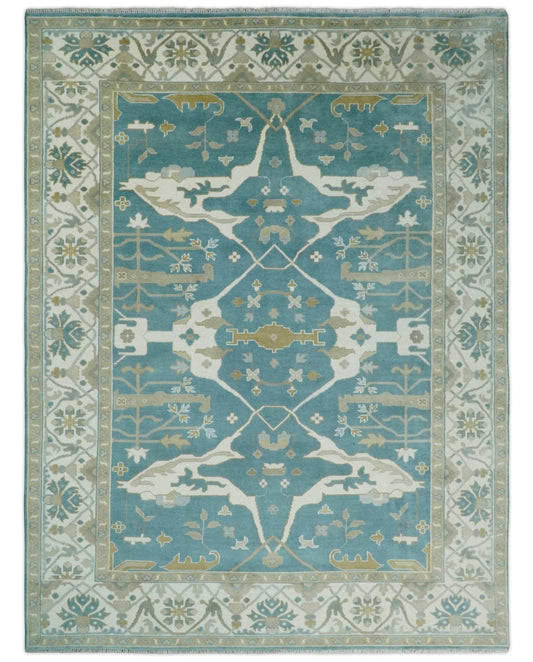 Hand Knotted Oriental Oushak Teal, Ivory and Beige Wool Area Rug.