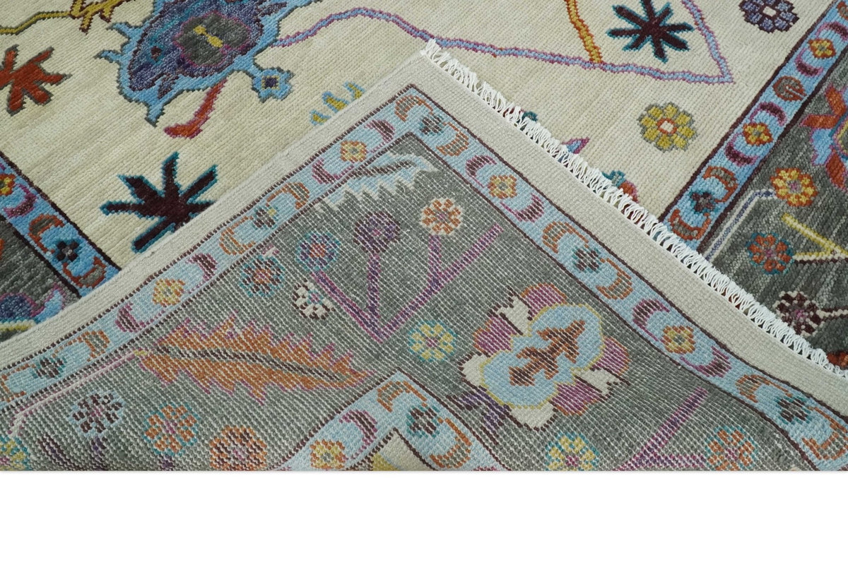 Hand Knotted Ivory and Gray Traditional Oushak Multi Size Wool Area Rug.