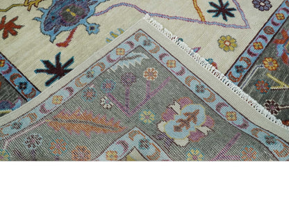 Hand Knotted Ivory and Gray Traditional Oushak Multi Size Wool Area Rug.