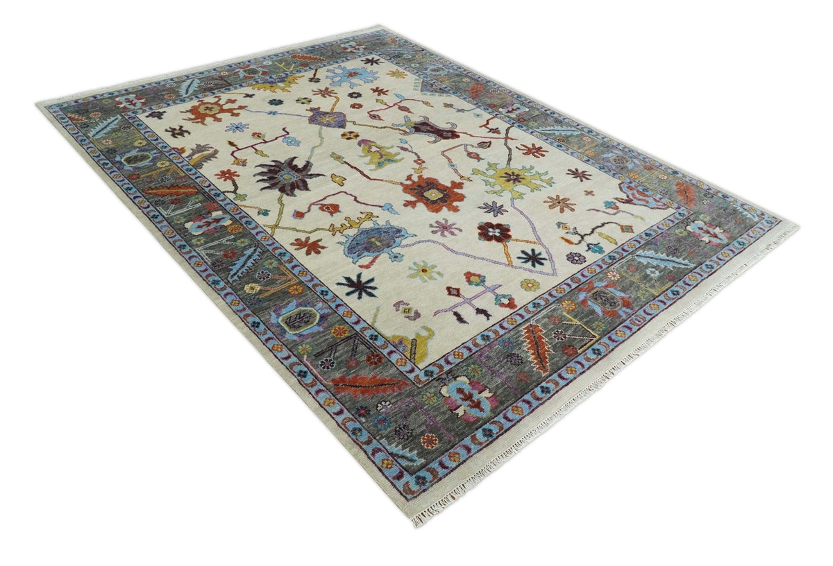Hand Knotted Ivory and Gray Traditional Oushak Multi Size Wool Area Rug.