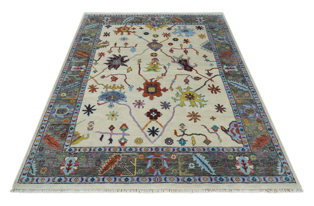Hand Knotted Ivory and Gray Traditional Oushak Multi Size Wool Area Rug.