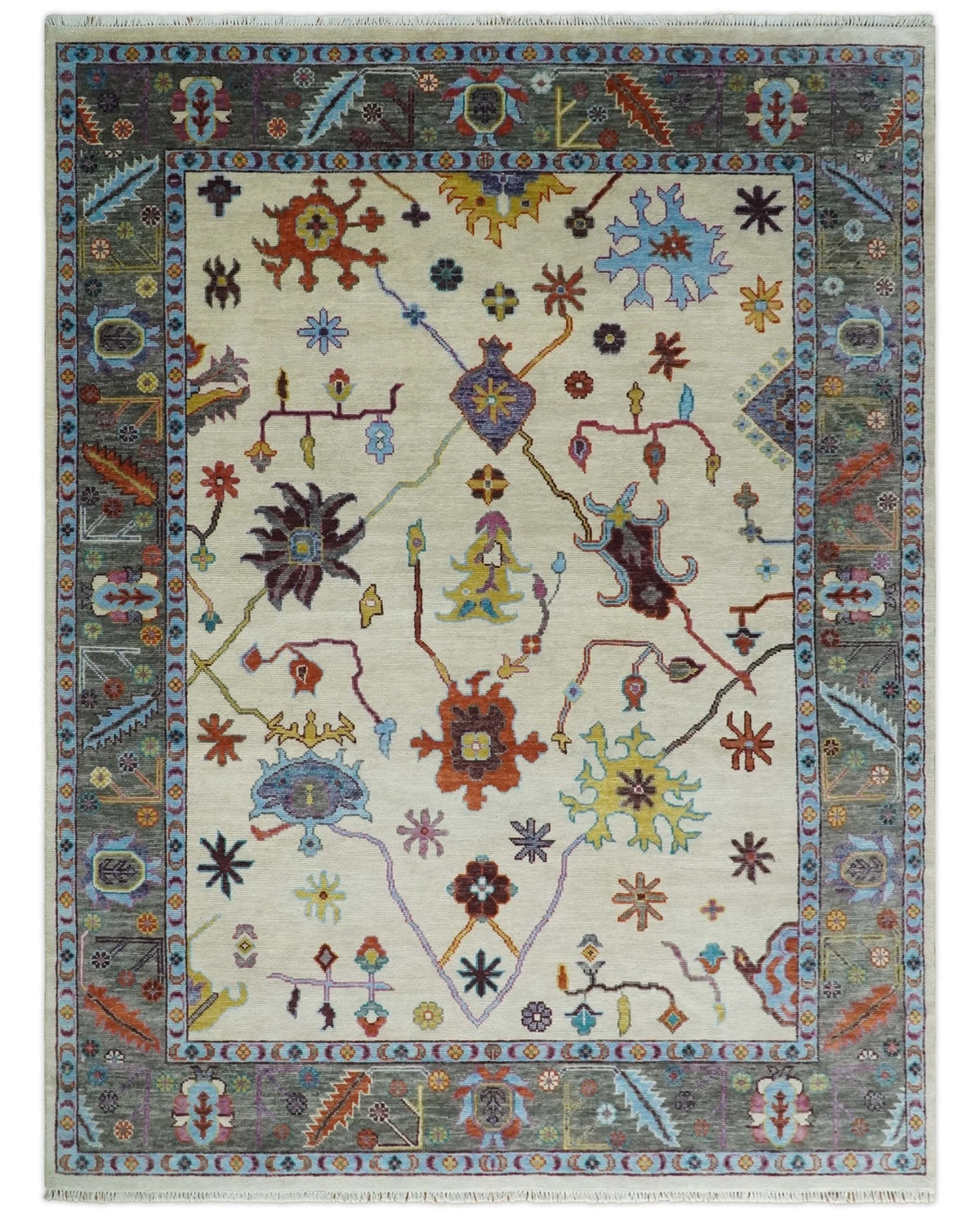 Hand Knotted Ivory and Gray Traditional Oushak Multi Size Wool Area Rug.
