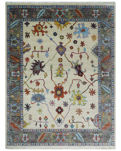 Hand Knotted Ivory and Gray Traditional Oushak Multi Size Wool Area Rug.