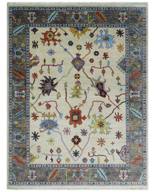 Hand Knotted Ivory and Gray Traditional Oushak Multi Size Wool Area Rug.