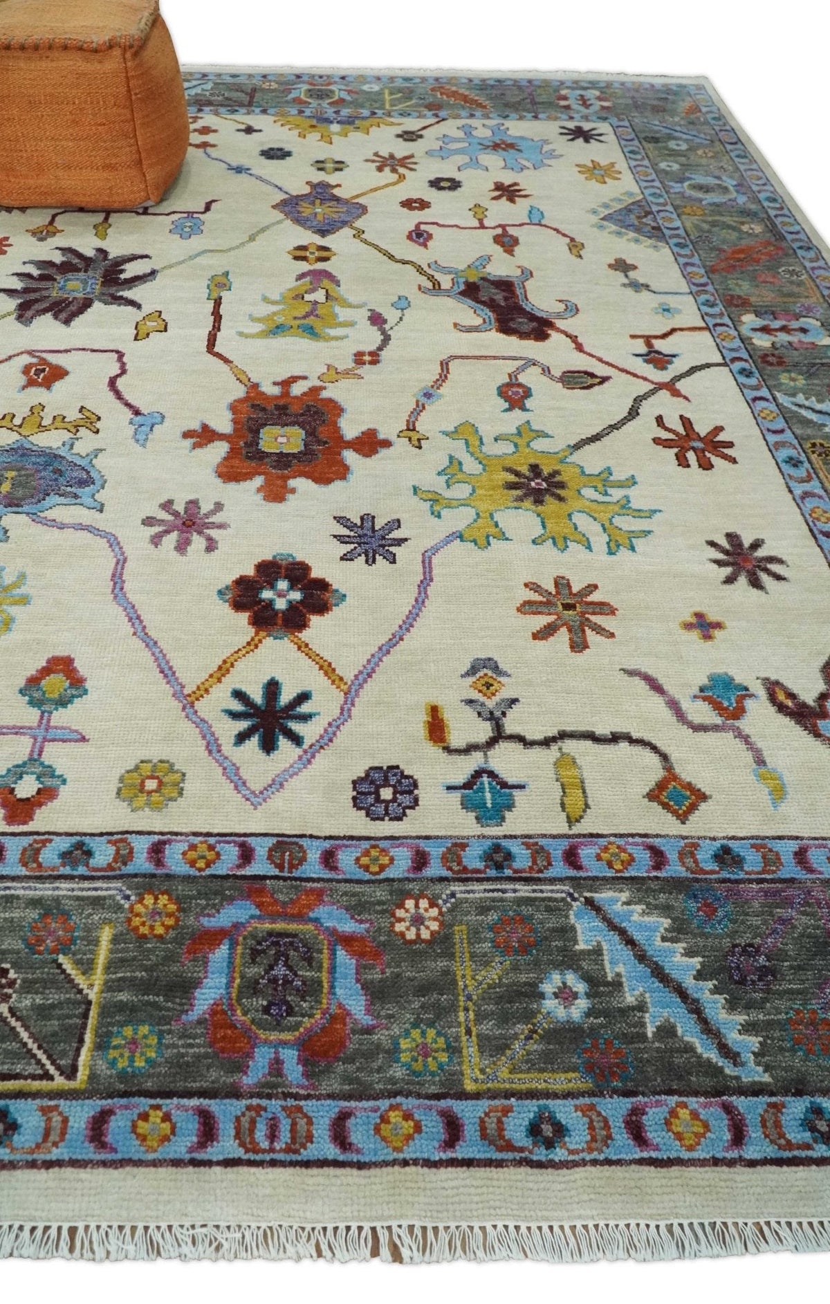Hand Knotted Ivory and Gray Traditional Oushak Multi Size Wool Area Rug.