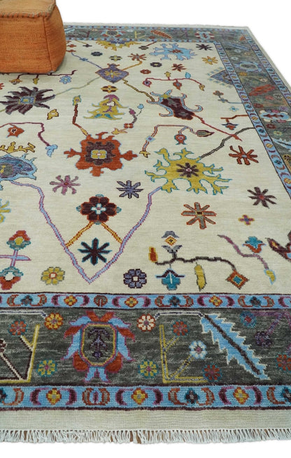 Hand Knotted Ivory and Gray Traditional Oushak Multi Size Wool Area Rug.