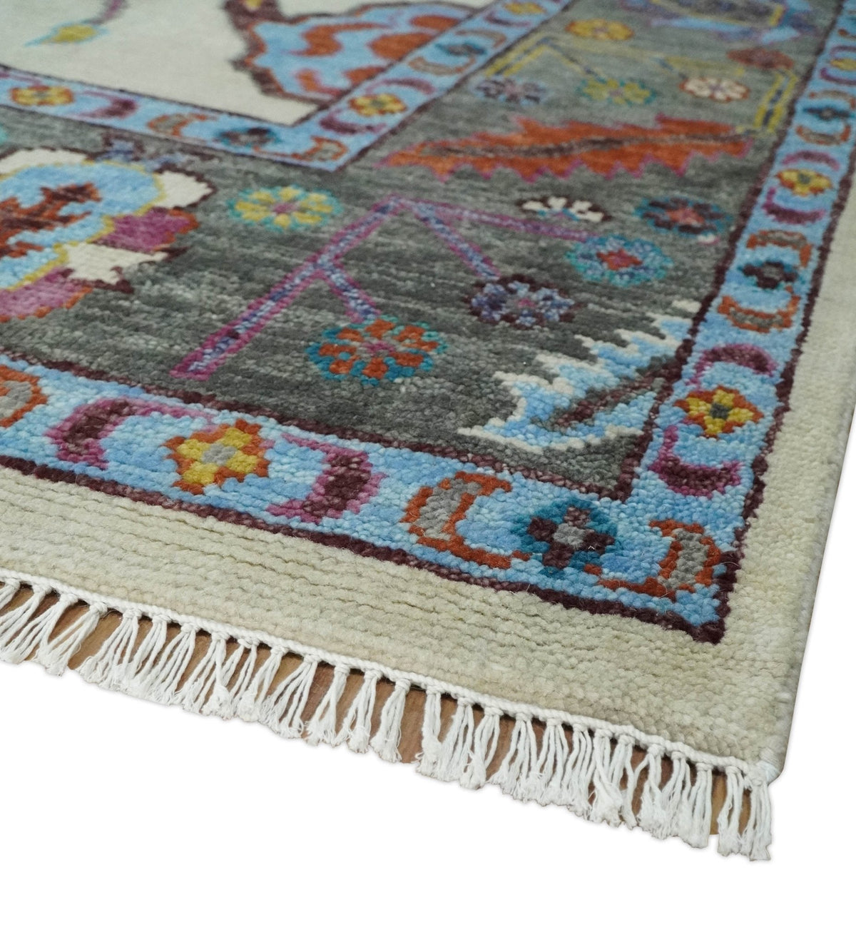 Hand Knotted Ivory and Gray Traditional Oushak Multi Size Wool Area Rug.