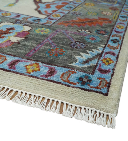 Hand Knotted Ivory and Gray Traditional Oushak Multi Size Wool Area Rug.