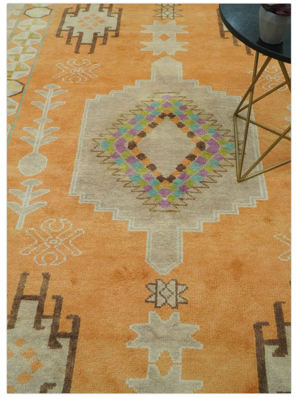 Hand Knotted Peach and Beige Traditional Southwestern Multi Size wool area rug.